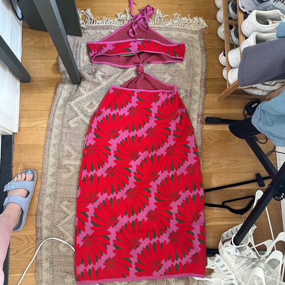 NWT FARM Rio Copacabana Knit Maxi Dress Halter Pink Cutout Waist Size XL - Picture 4 of 13